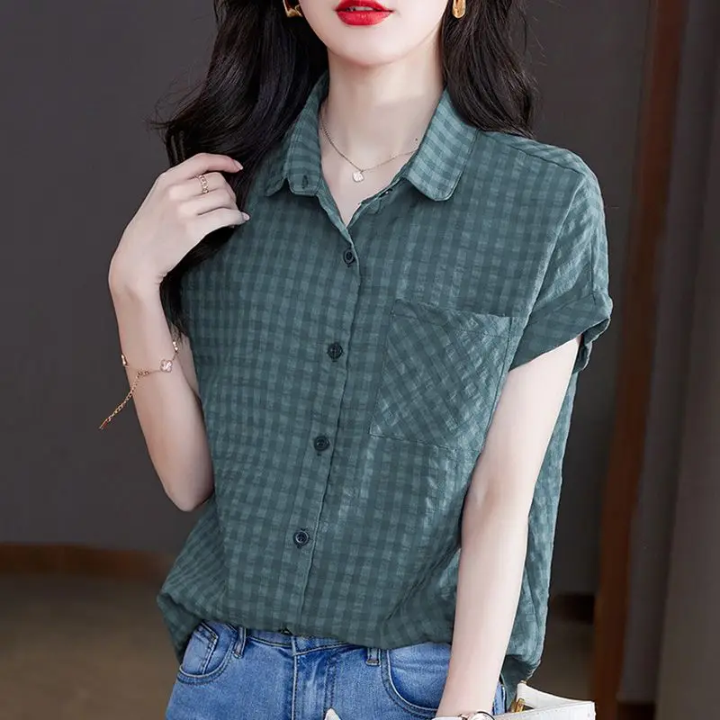 Summer Fashion Vintage Plaid Printing Short Sleeve Shirt Ladies Polo-neck Buttons Pocket Cardigan Top Women Loose Casual Blouse