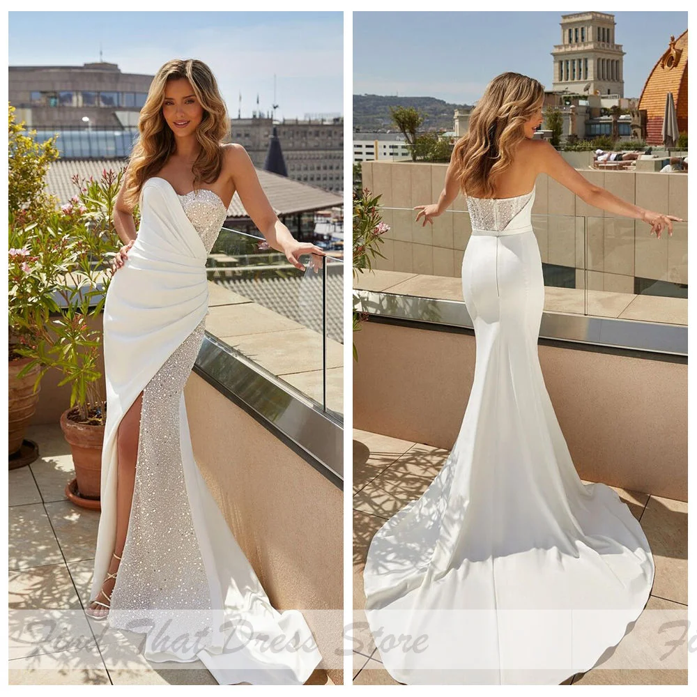 

Custom Made Boho Sweetheart Collar Sequins Sparkly Wedding Gown Mermaid Backless Floor Length Pleated Bridal Dress with Court