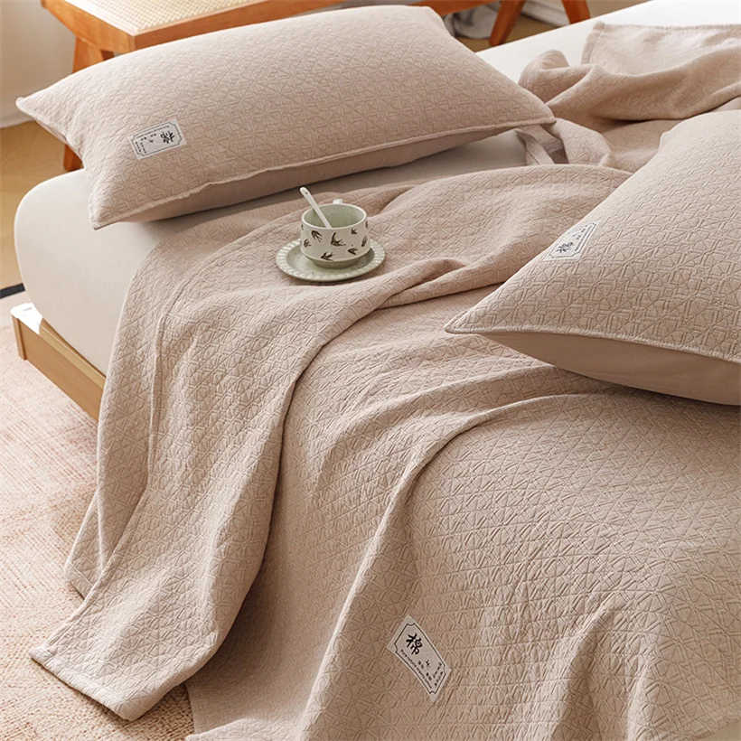100% Cotton Three Layer Jacquard Muslin Throw Blanket Pink Textured Gauze Coverlet All Season Breathable Bed Sofa Nap Blanket