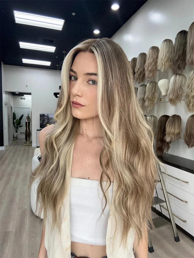 Pelucas delanteras de encaje ondulado para mujer, peluca con parte superior de encaje sintético sin pegamento, color rubio platino, a la moda, para uso diario en fiestas