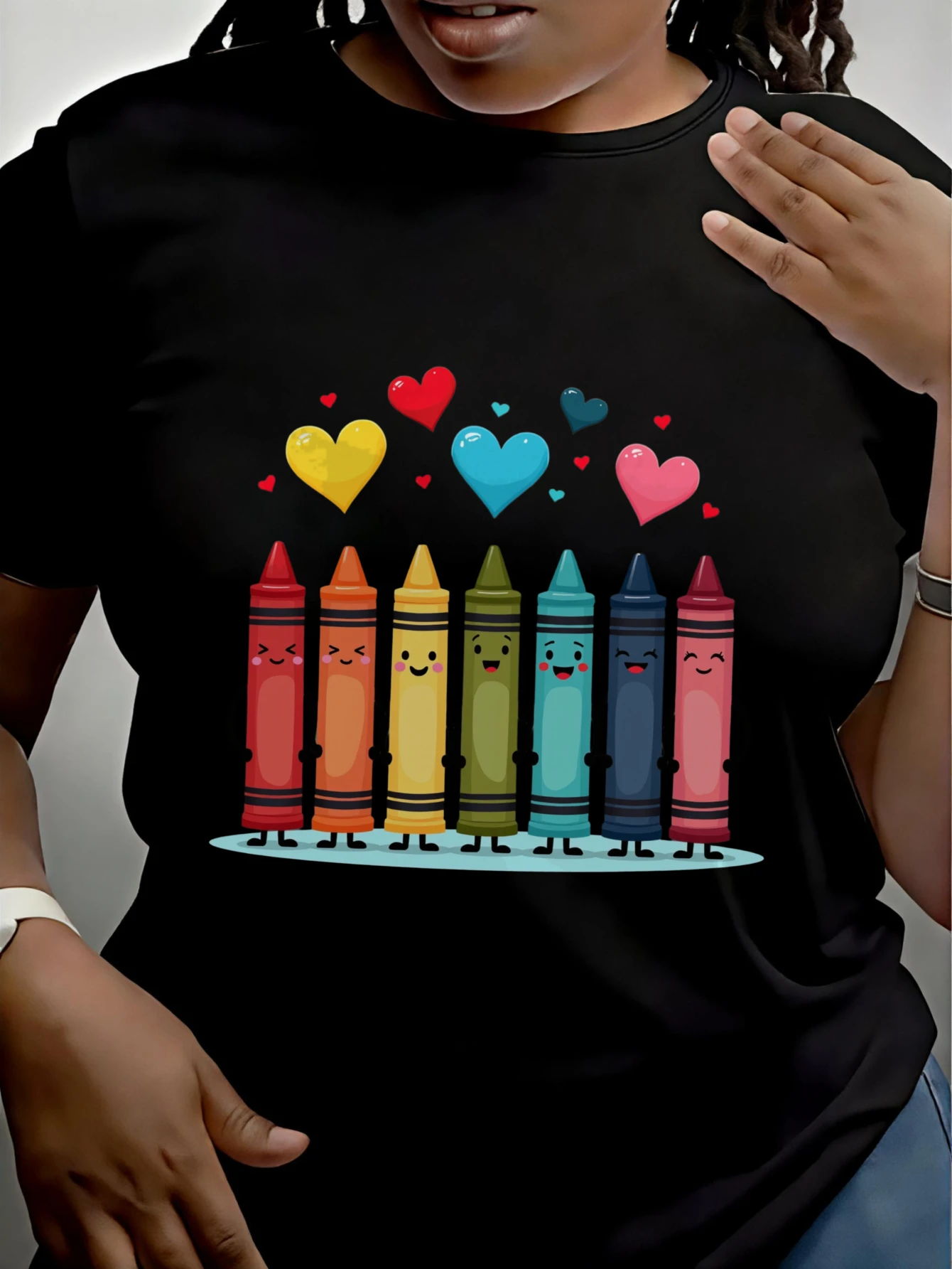New Arrival for Spring Summer, Funny Graphic Tees, Women'S Casual Crew-Neck T-Shirt, Cute Rainbow Crayons And Hearts Design, 100 Percent, Comfortable for All Seasons, Local Delivery