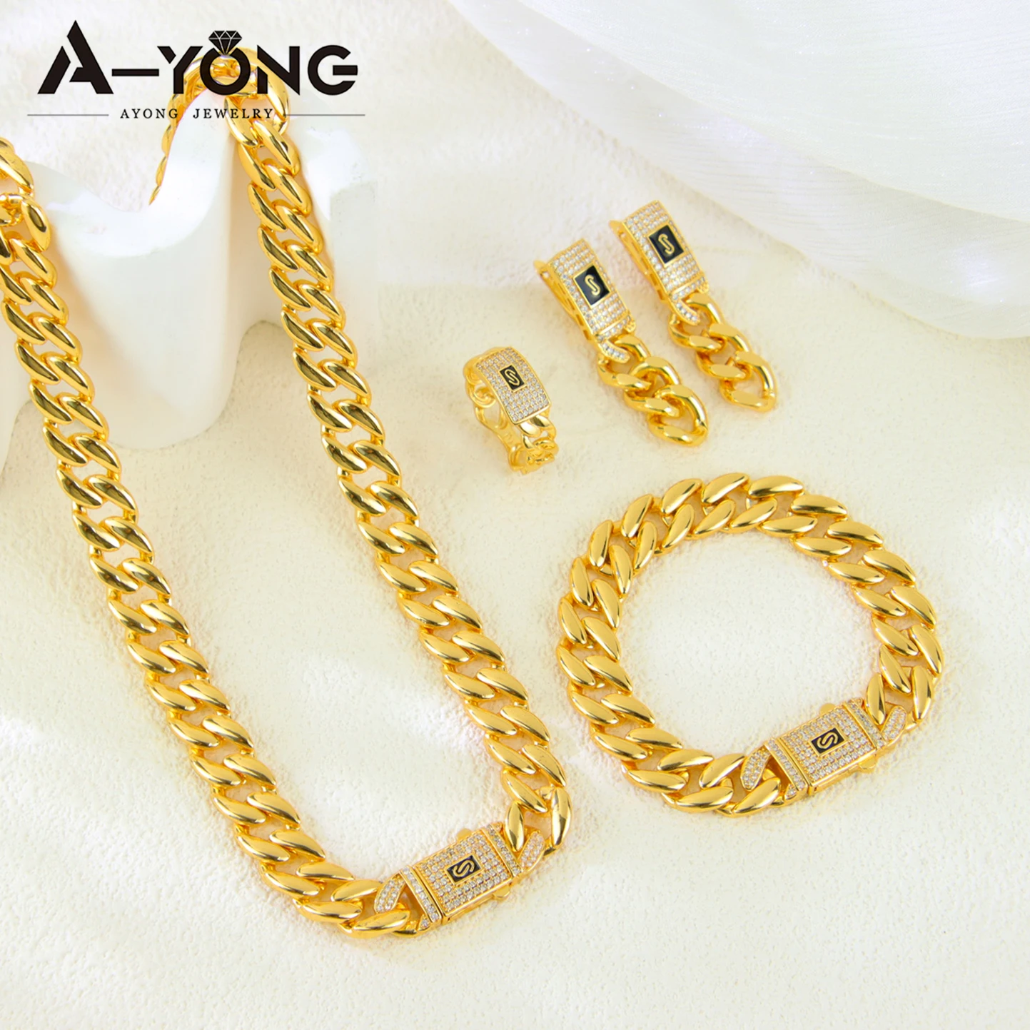 Luxuriöses Zirkonia Monaco Schmuckset 21k Vergoldet Italienischer Hip-Hop Kubanische Halskette Armband Ring Ohrringe Damen Punk Schmuck – Detail 5