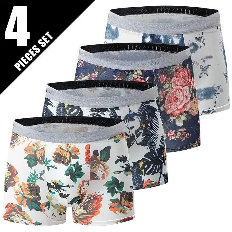 

4 Pcs Men's Color Printed Underwear Teenagers Loose Fashion Multi-color Mix And Match Boyshort Sports Fitness Comfortable Shorts
