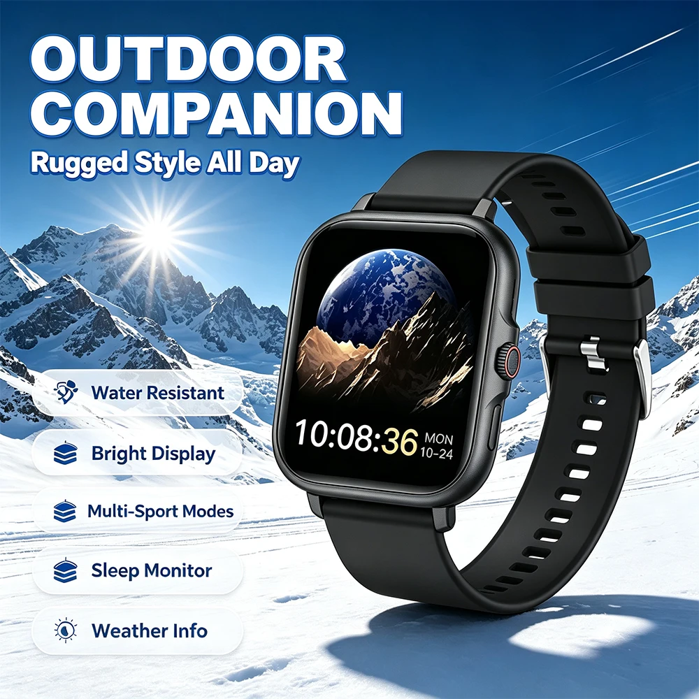 Fall Detection Watch - 1.85インチフルタッチスマートウォッチ、IP67防水フィットネストラッカー、心拍数モニター、Android/iOS対応スマートウォッチ（男女兼用）