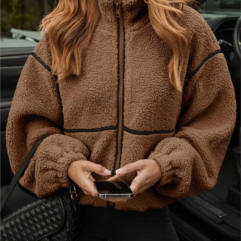 

Womens Zipper Short Coat Winter Warm Plush Solid Color Stand Collar Short Coat Kurtka Damska Jacke Damen Casaco Inverno Feminino