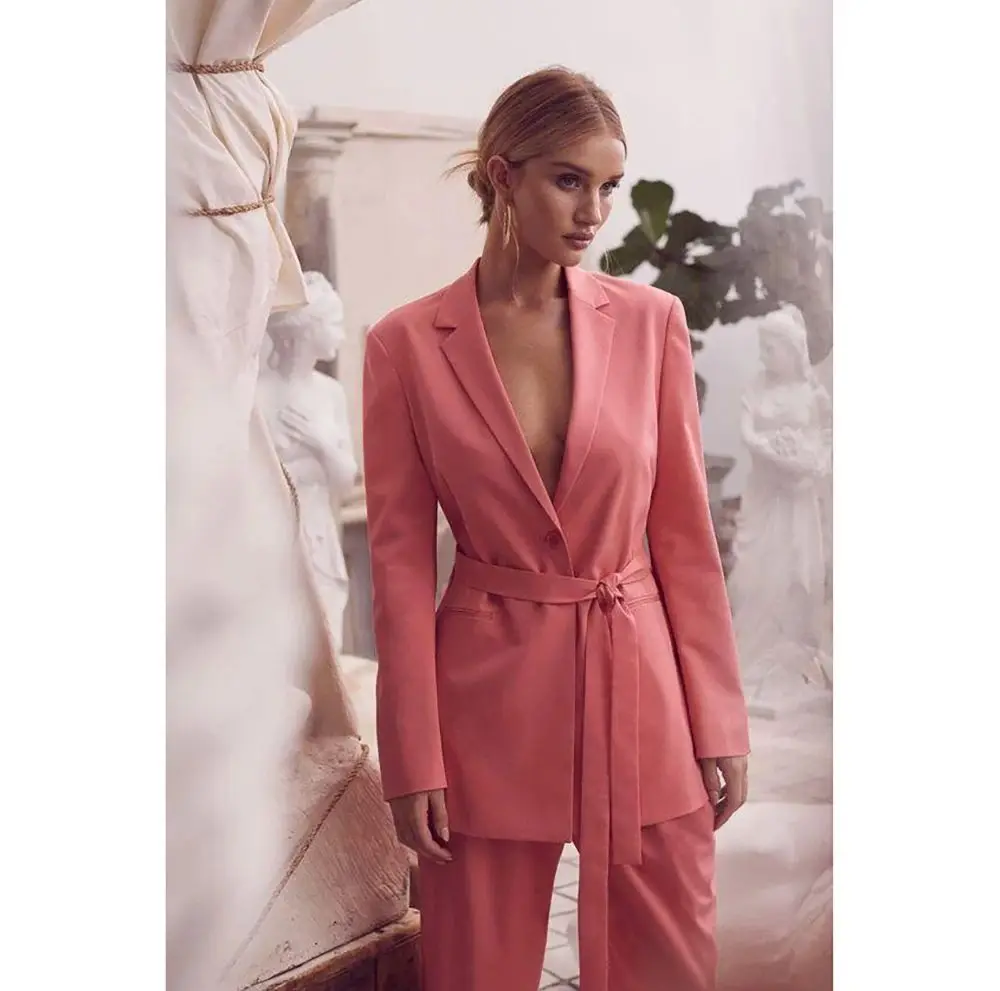 

Fashion Elegant Women Suits 2 Pieces With Belt Formal Casual Prom Party Pants Sets Blazer with Pants
