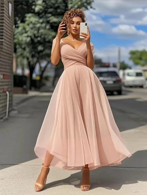

Women's Blush Pink Chiffon Maxi Dress Deep V Cross Front A-Line Gown Elegant Formal Bridesmaid Dress Wedding & Evening Party
