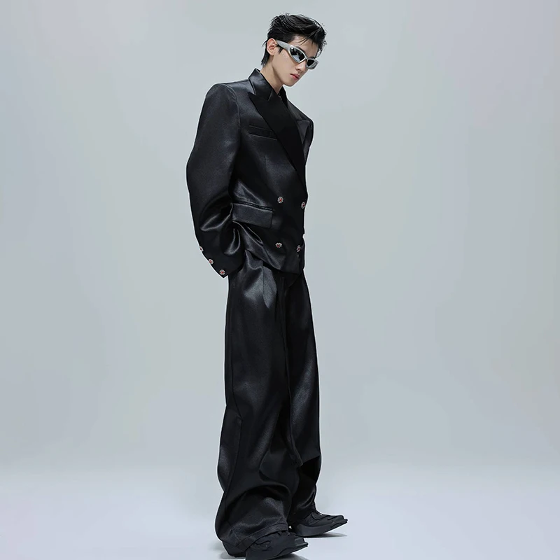 LUZHEN New Breatsed Lapel Niche Design Double Men's Suit Silhouette Glossy Blazers Wide Leg Belt Chc Button Male Trousers JY4456