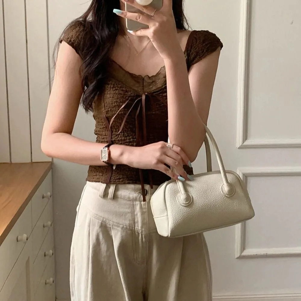 Ins Sweet Slim Crop Top Korean Style Female Clothing Short Sleeve T-shirt Spicy Girl Bottoming Shirt Lace Bow T-Shirt Women Girl