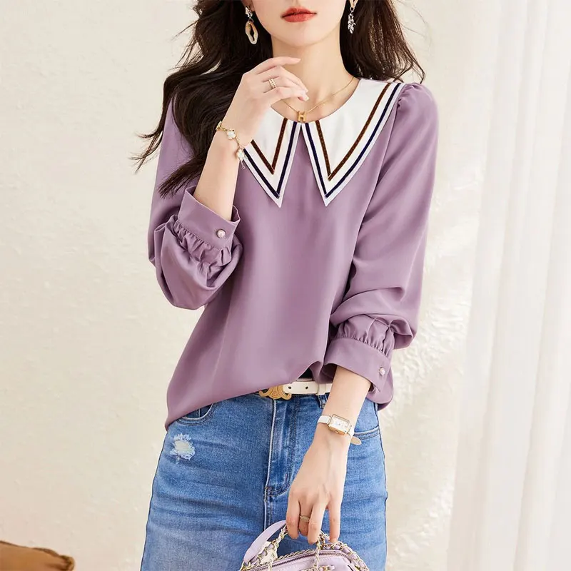 Casual Solid Color Fashion Round Neck Shirt Korean Straight All-match Spring Autumn New Chic Button Patchwork Long Sleeve Blouse