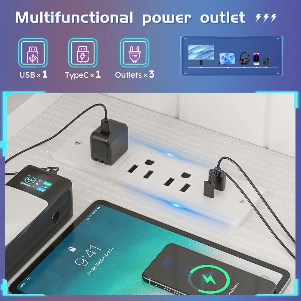 48" Computer Desk with LED Lights, Gaming Desk with Drawers & Storage Bag, Office Desks with Power Outlets & Monitor Stand, Home