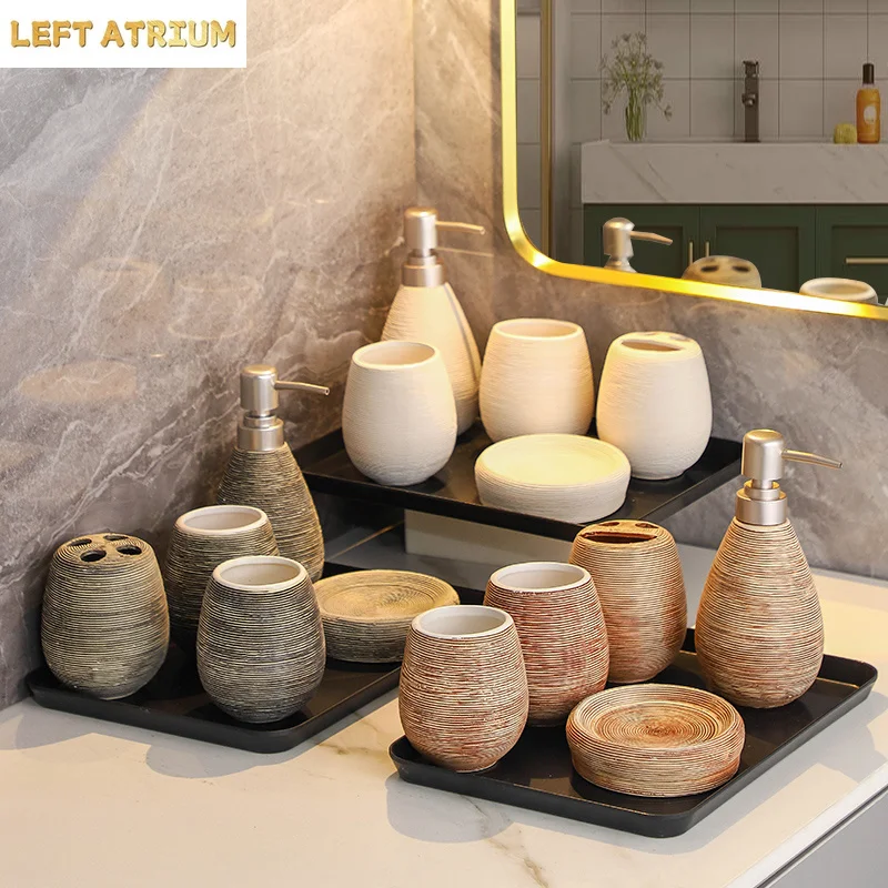 Vintage Bathroom Shower Gel Bottle Toothbrush Holder Mouthwash Cup Japanese Style Bathroom Ceramic Hand Sanitizer Bottle