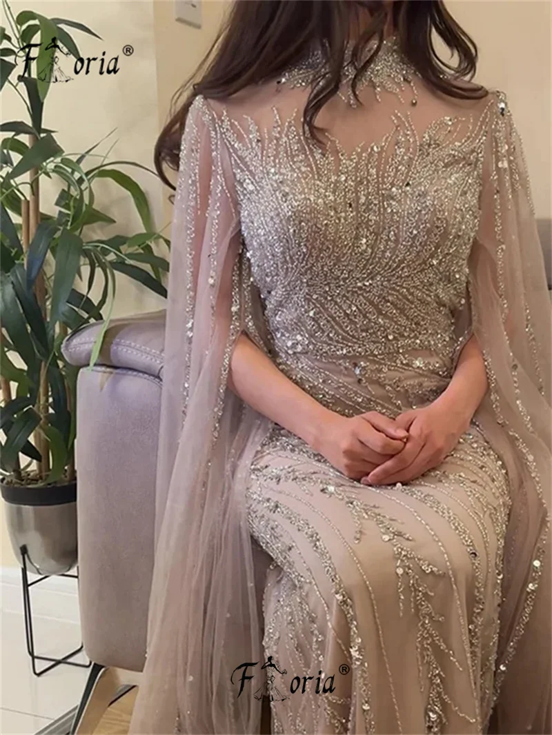 Luxury Dubai Beaded Nude Evening Dresses Long Cape Sleeves Sparkly Sequin Mermaid Wedding Dress Celebrity vestidos de novia 2025