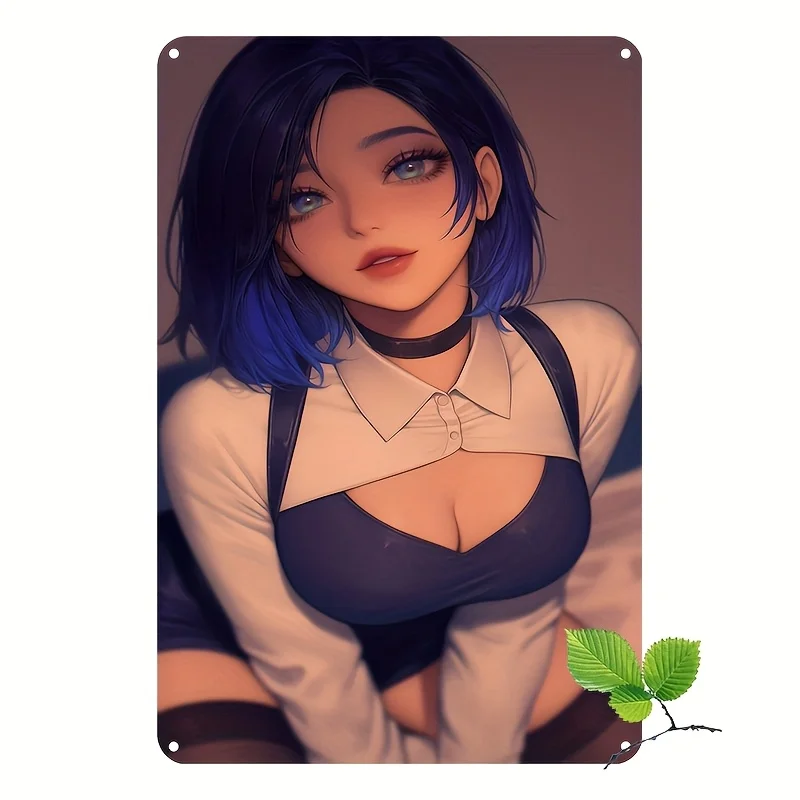 Vintage Aluminum Metal Tin Sign - Waterproof & Dustproof Wall Decor with Anime-Style Blue-Haired Character Art, Retro American