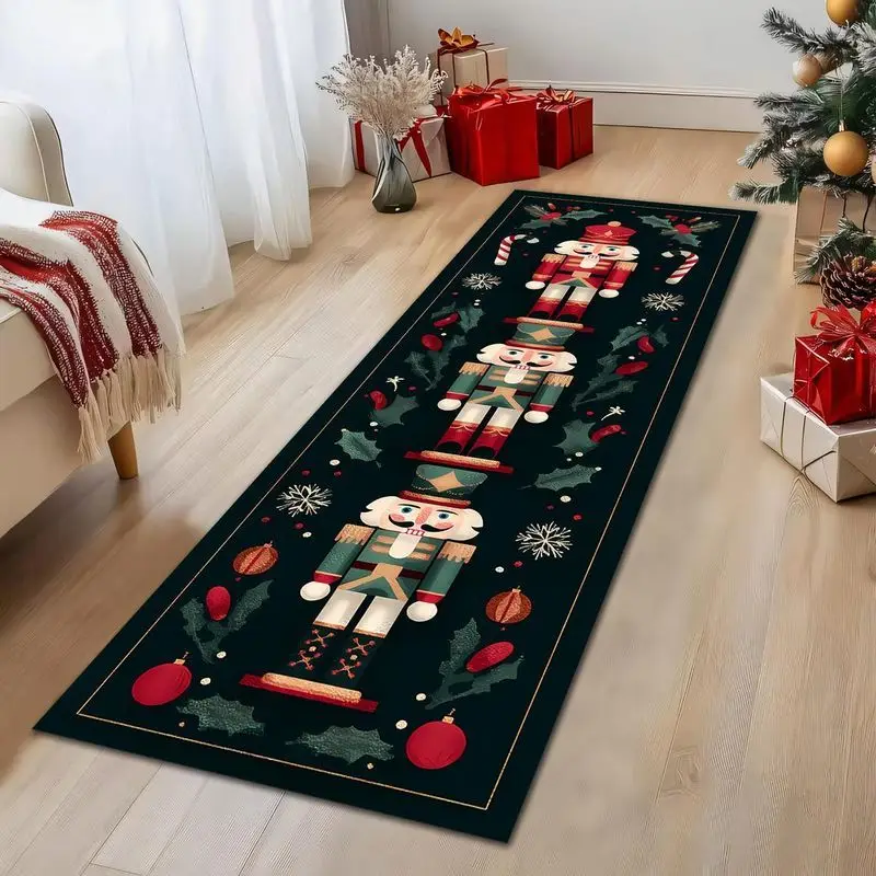 VIKAMA Merry Christmas Runner Mat Nutcracker Holly Printed Anti Wear Non Slip Floor Rug Kitchen Balcony Farmhouse Decor