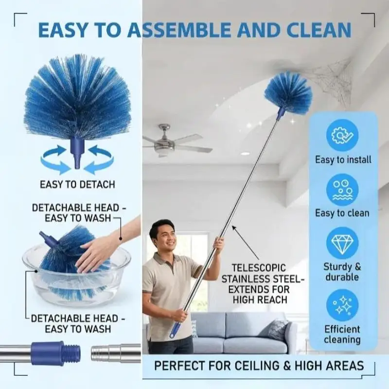 1Pcs Extendable Spider Web Duster With Medium Stiff Bristles Retractable Stainless Steel Pole For Indoor Outdoor Cleaning