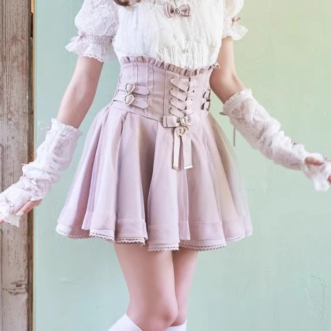 Japanese Liz New Summer Lace Edge Leather Ring High Waist Pleated Skirt Ribbon Bow All-match Short Skirts Big Bow Lolita Blouses