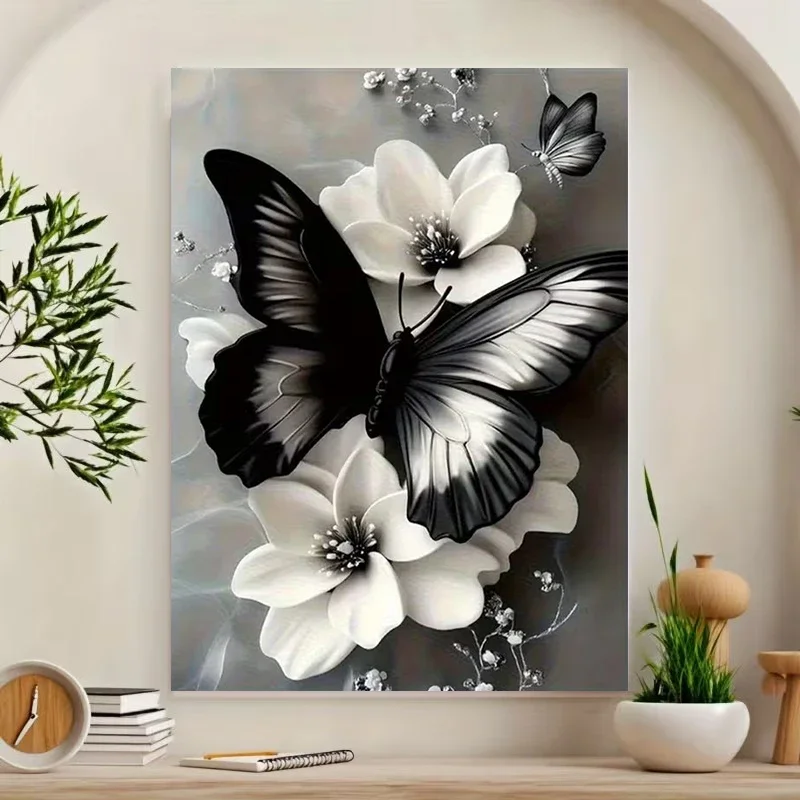 Multiple sizes 1pc frameless Canvas Painting,Black and White Butterflies and Flowers Poster and Prints Canvas Painting Wall Art