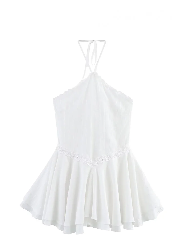 Hh mulher festa de férias pendurado pescoço colarinho zíper mini vestido feminino verão sem costas design laminado chique sexy vestidos curtos