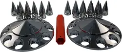 Chrome ABS Complete Axle Cover Set with Hub Caps and 33mm Screw-On Spiked Lug Nut Covers for Semi Trucks (2 Front)