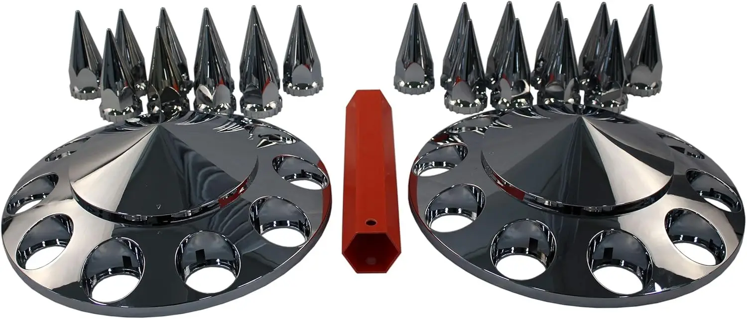 Chrome ABS Complete Axle Cover Set with Hub Caps and 33mm Screw-On Spiked Lug Nut Covers for Semi Trucks (2 Front)