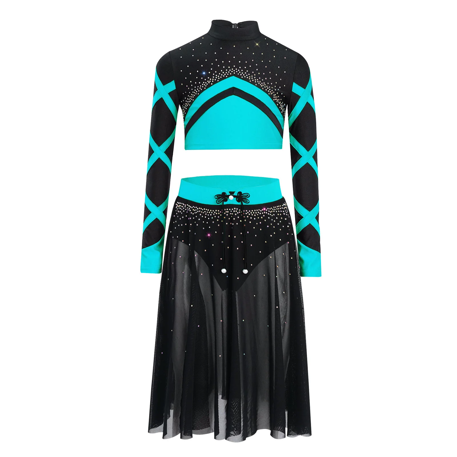 

Kids Girls Color Block Lyrical Dance Outfit Long Sleeve Keyhole Back Shiny Rhinestone Crop Top+Knot Button Side Split Mesh Skirt