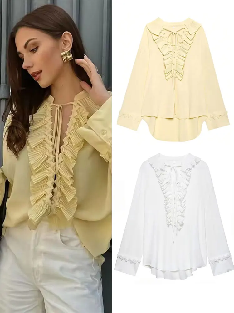 

HH Womens Minimalist Multi Color Ruffle Blouse Pleated Office Workwear Business Shirts Casual Daily Elegant Woman Shirt Chic Top