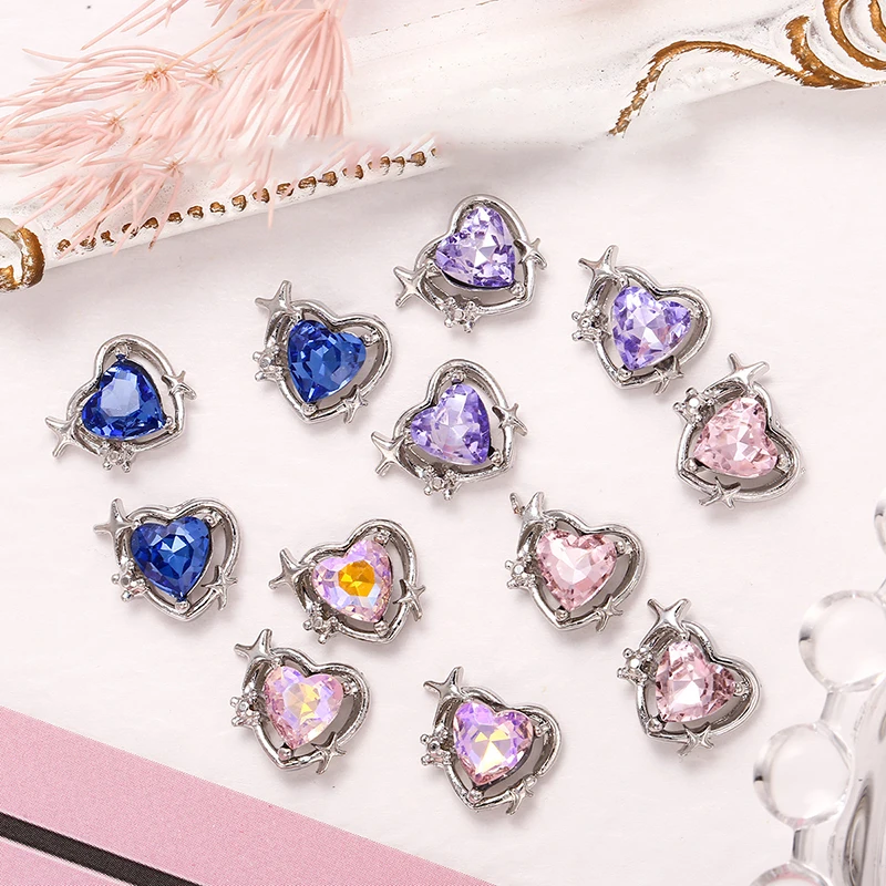 5pcs Luxury Alloy ZIrcon Nail Art Charms 3D Heart Colorful Crystal Rhinestones Nail Decorations DIY Gems Manicure Accessories