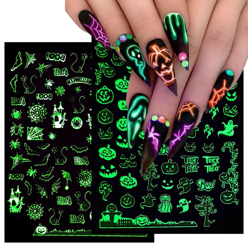 กาว Sliders Decals Skull ฟักทองเล็บส่องสว่างฮาโลวีนสติกเกอร์เล็บ Glow In The Dark 3D