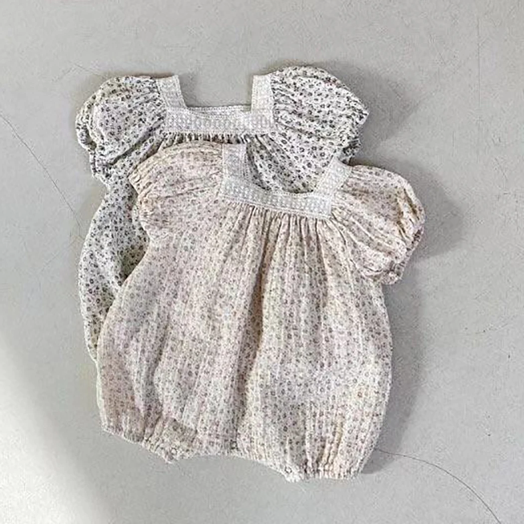 Lace Floral Baby Jumpsuit for 0-24Months Girls Short Sleeve Romper Spring Summer Newborn Infant Soft Cotton Overalls