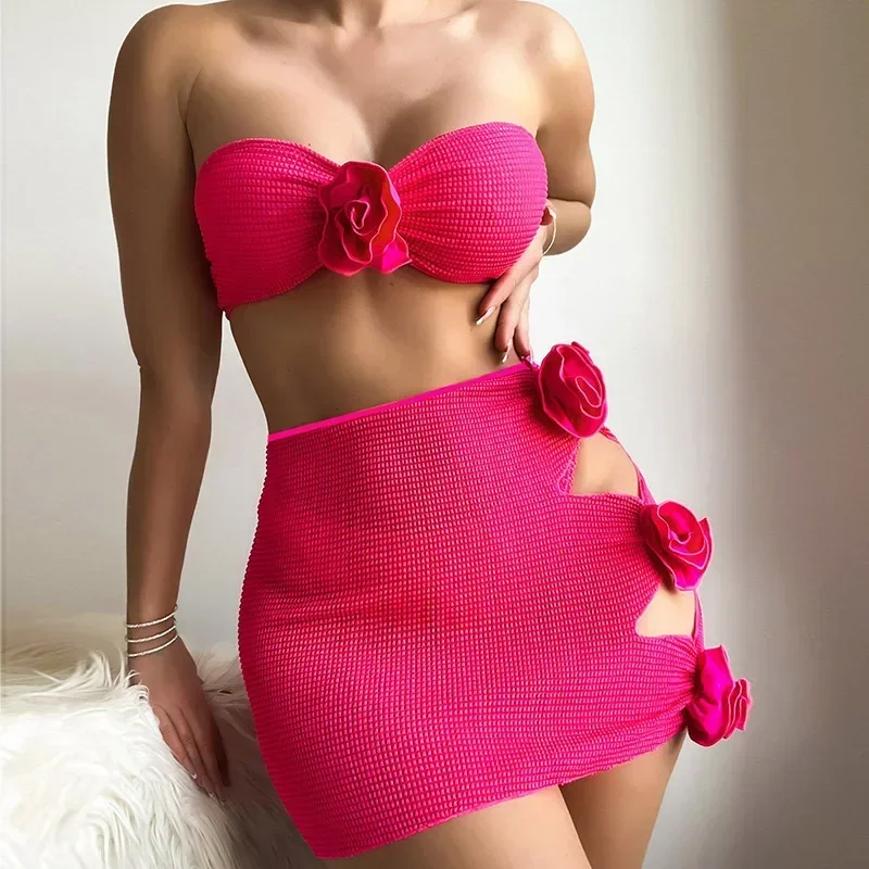 

Rose Red 3D Flower Bandeau Bikinis Sets 2025 Sexy Swimsuit Cover Ups Women Skirts Swimwear 3 Piece Bikini Set Beachwear Bather
