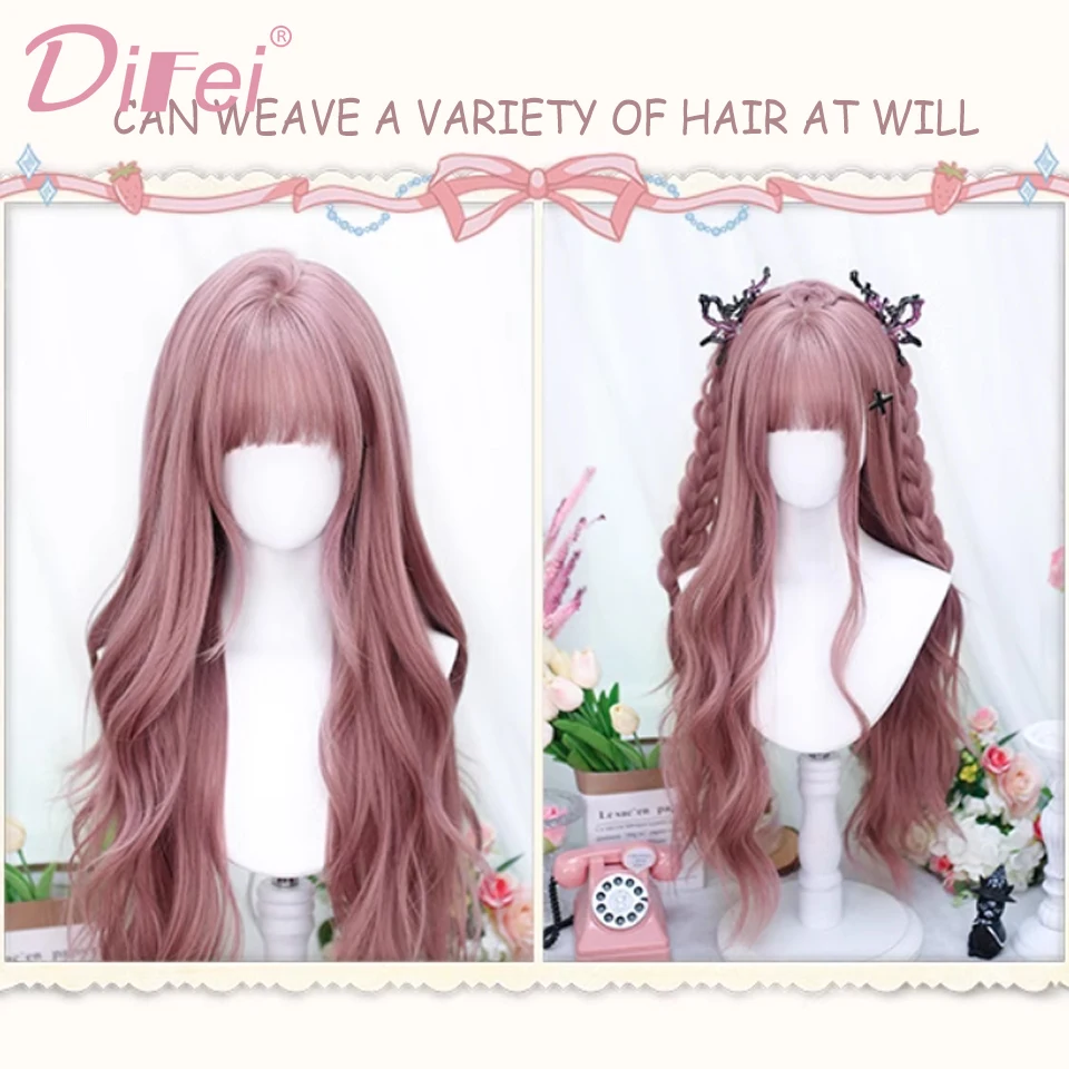 Wig sintetik DIFEI rambut keriting panjang perempuan Lolita kedua kepala penuh abu merah muda kepala penuh rambut keriting panjang