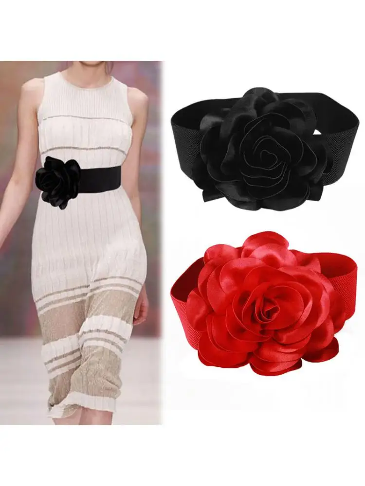 2024 Women Wide 7.5cm Belt Black Large Flower Red Elastic Waistband Versatile Coat Dress All Season Skirt Accessories