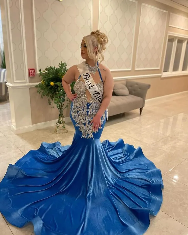 Blue Velvet Sparkly Prom Pageant Dresses for Women Crystal Beaded Sheer Mesh Evening Birthday Gown vestidos de fiesta para mujer