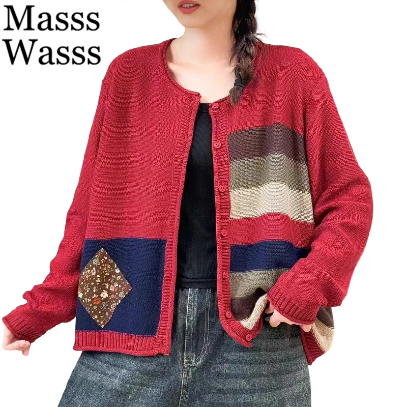 

Mass Wasss модные свободные теплые вязаные женские классические винтажные полосатые свитера для отдыха с принтом женские элегантные хлопковые кардиганы