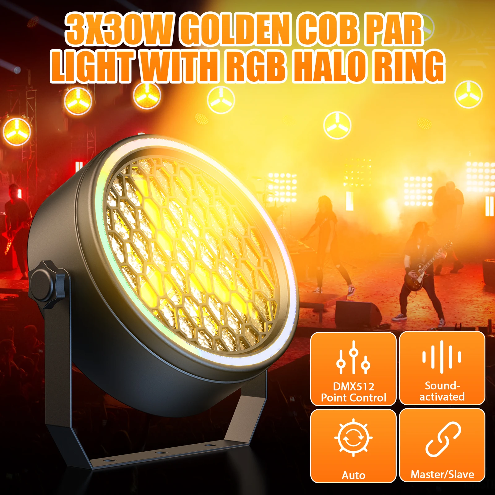 4Pcs 3X30W Golden COB Par Light with RGB LED Light Strip DMX512 Sound-activated 8/10 Control for Church Wedding Birthday Party