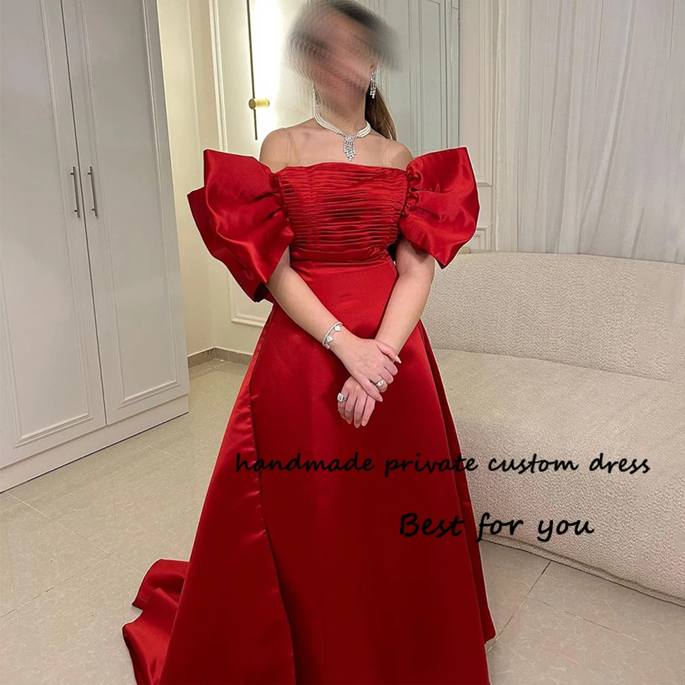 

Red Evening Dresses for Women Pleats Satin A Line Arabian Dubai Prom Party Dress with Train Long Formal Occasion Gowns