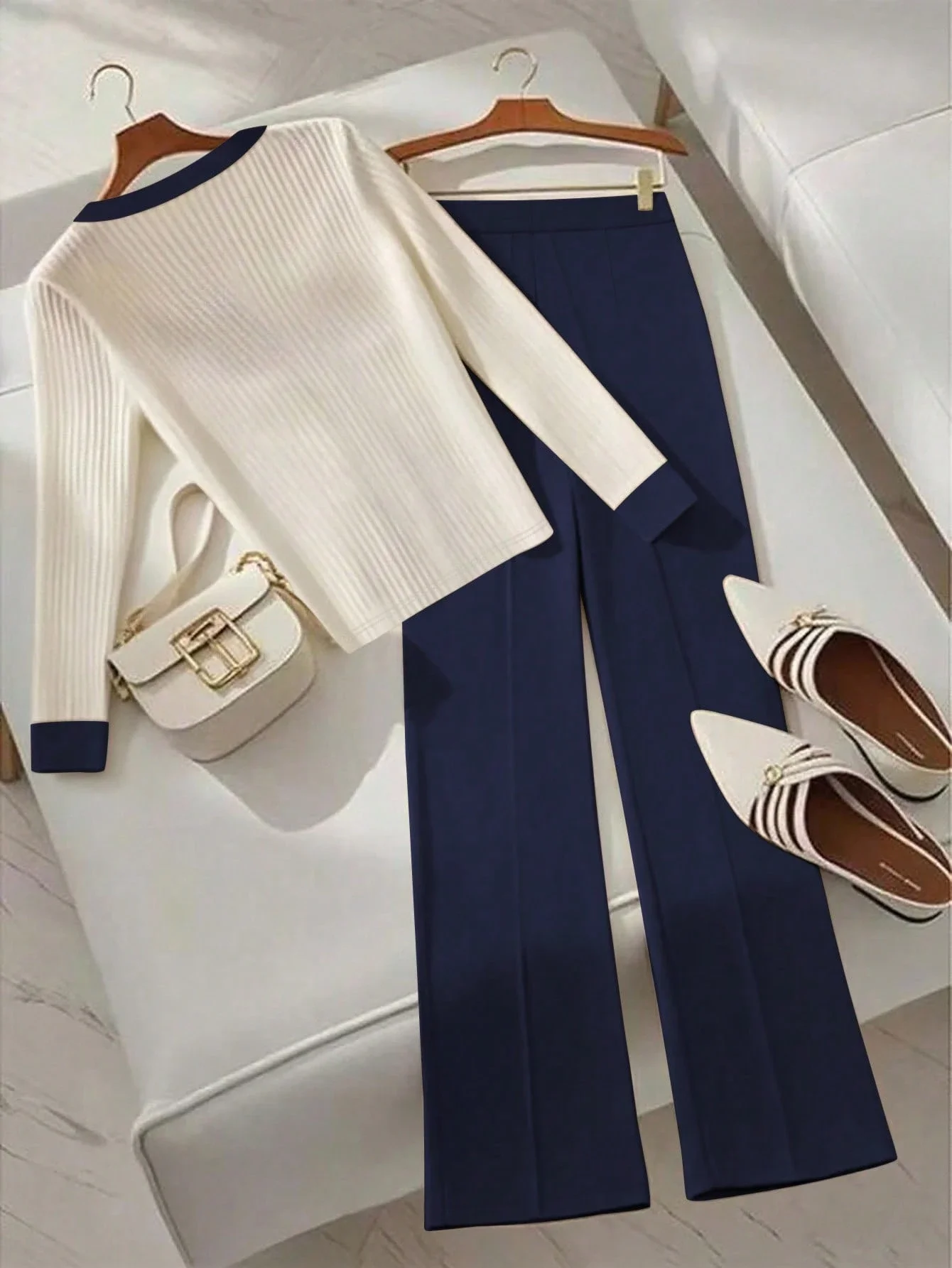 

Elegant Long Sleeve Ribbed Knit Top And Wide Leg Pants 2 Piece Set Nautical Style Casual Outfit