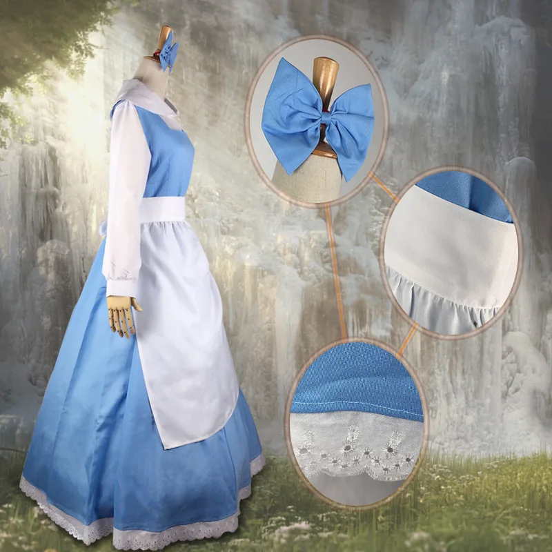 Beauty Cosplay Costume Maid Blue Dress Women Girls Princess Halloween Carnival Fancy Dress up Ball Gown Outfit and Headwear