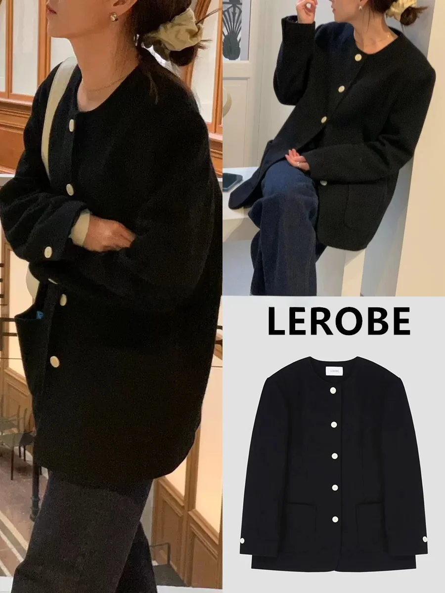 

Женская шерстяная куртка LEROBE с круглым вырезом и пуговицами, осенняя новинка, классический цвет, для повседневной носки, с длинными рукавами