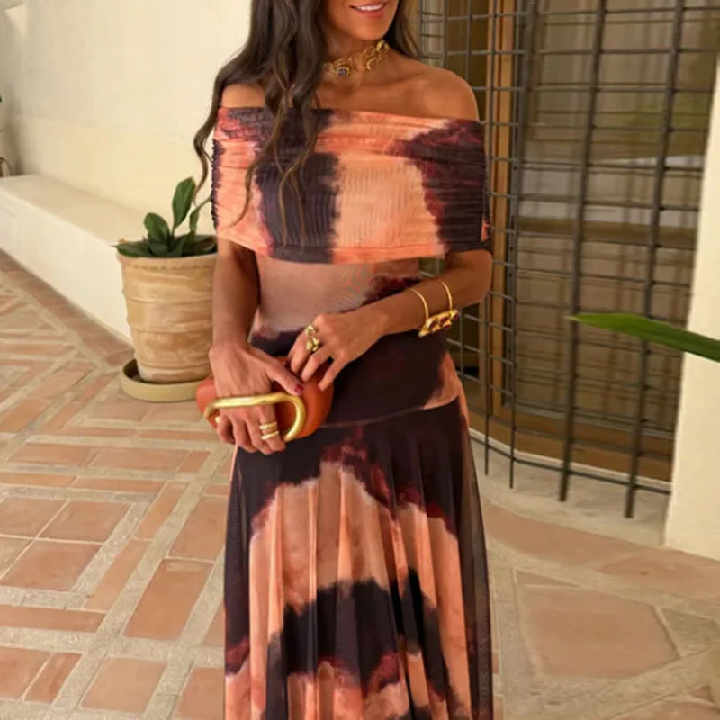 Printemps nouveau creux Slash cou balançoire longue robe femme Sexy épaules nues épissé maille robe de bal été dos nu plissé Maxi robe