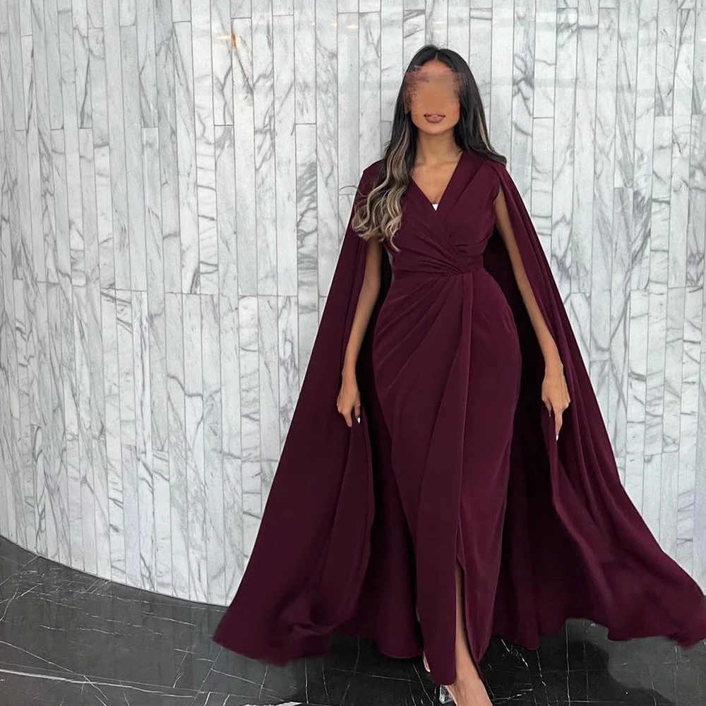 

Jersey V Neck Sleeveless Straight Ankle Length Pleats Shawl Saudi Evening Dresses Solid Color Bespoke Occasion Gowns Simple 2024