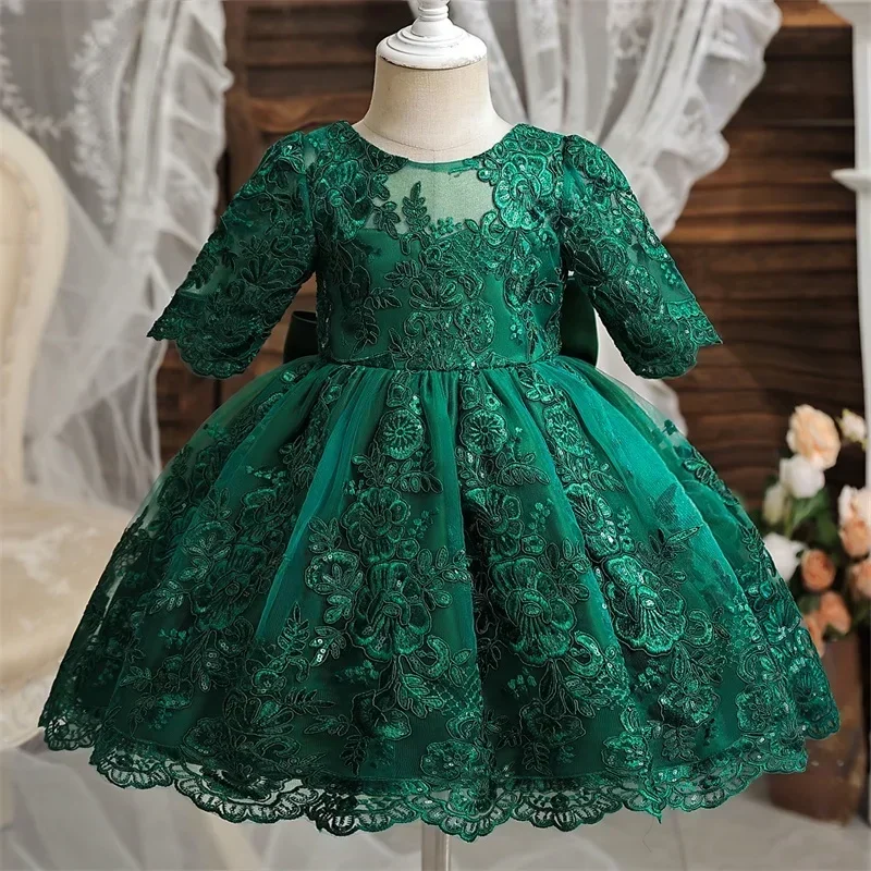 Toddler Girl Formal New Year Dress Kids Lace Embroidery Long Sleeve Big Bow Costume Baby Girls Birthday Party Dress 1-5 Years