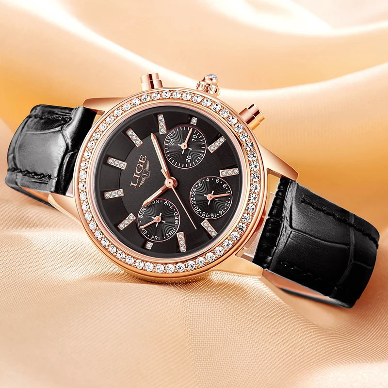 LIGE New Top Luxury Brand Women Watches Leisure fashion Leather Quartz Ladies Diamond Fashion Watch Female Gift Relogio Feminino