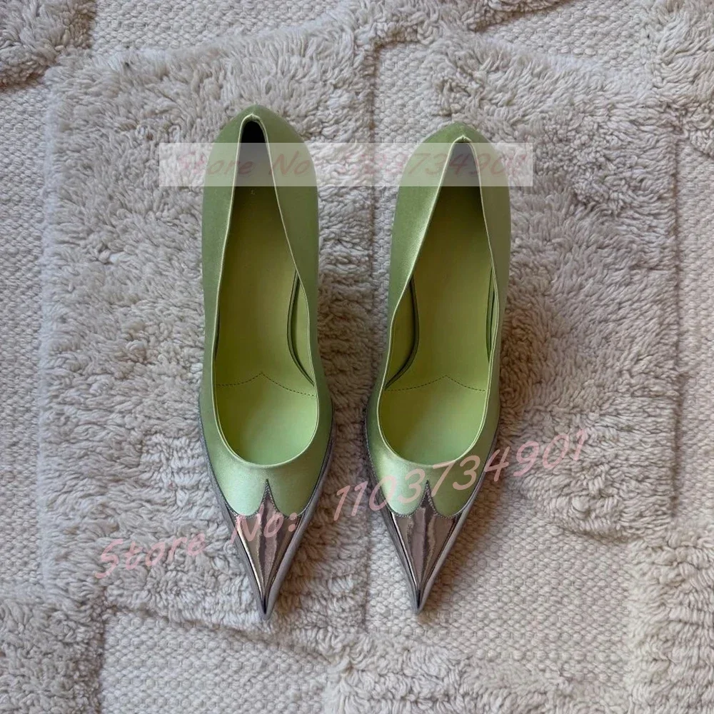 Green Satin Silver Metallic Pointed Toe Pumps Women Two-Tone Pull-on High Heel Shoes Office Lady Luxury Dress Stiletto Pumps