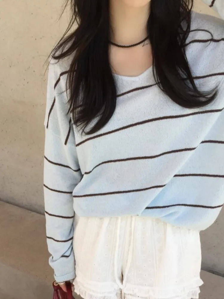 Tricot rayé ajouré pour femmes, Design coréen, haut fin et polyvalent, nœud papillon, Svel, coupe ample, été