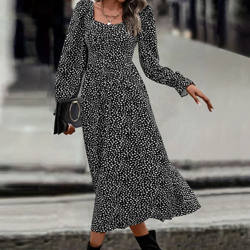 Plus-Size Polka Dot Print Square-Neck Midi Dress Elegant Stylish Loose Long-Sleeve Waist-Cinching Women's Dress view 6