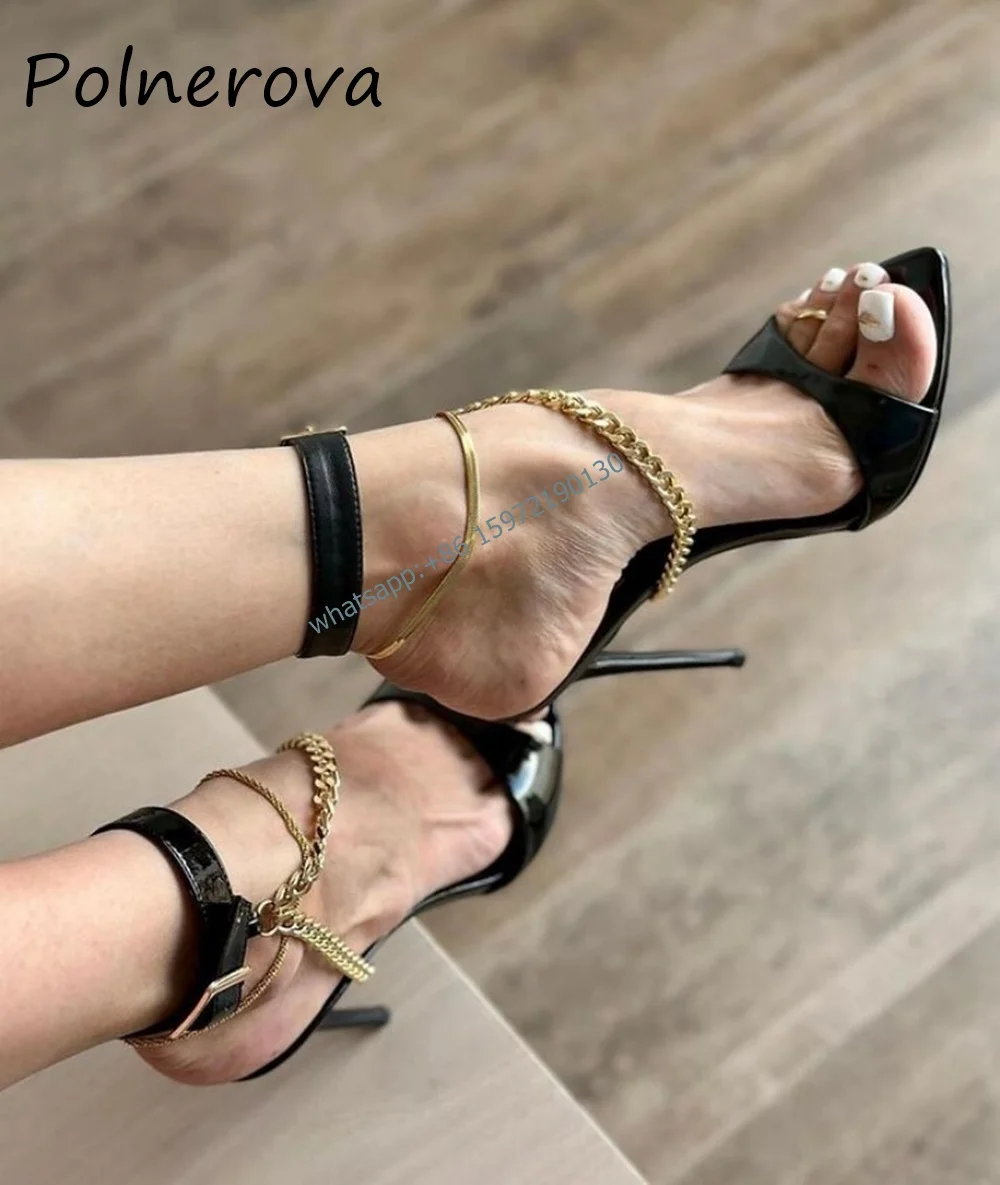 Metal Chain Ankle Band Sandals Pointy Toe Thin Heels Buckle Strap Fashion Shoes Solid Sexy Runway Concise Ladies Shoes 2024