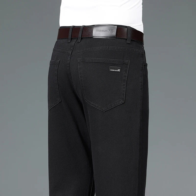 

100% Cotton Pure Black Men's Jeans Classic Straight Loose Casual Business Trousers Quality Brand Comfortable Washed Denim Pants