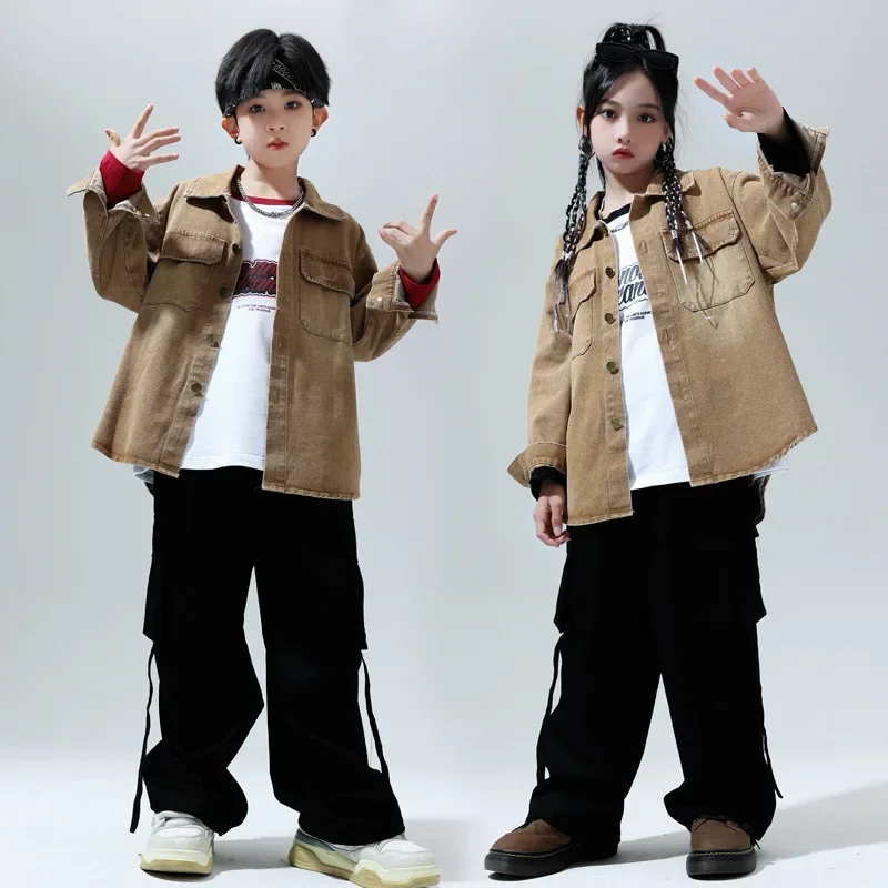 New Kids Jazz Dance Costume Girls Boys Brown Denim Jacket Baggy Pants Hip Hop Performance Clothes Teens Stage Outfit Streetwear